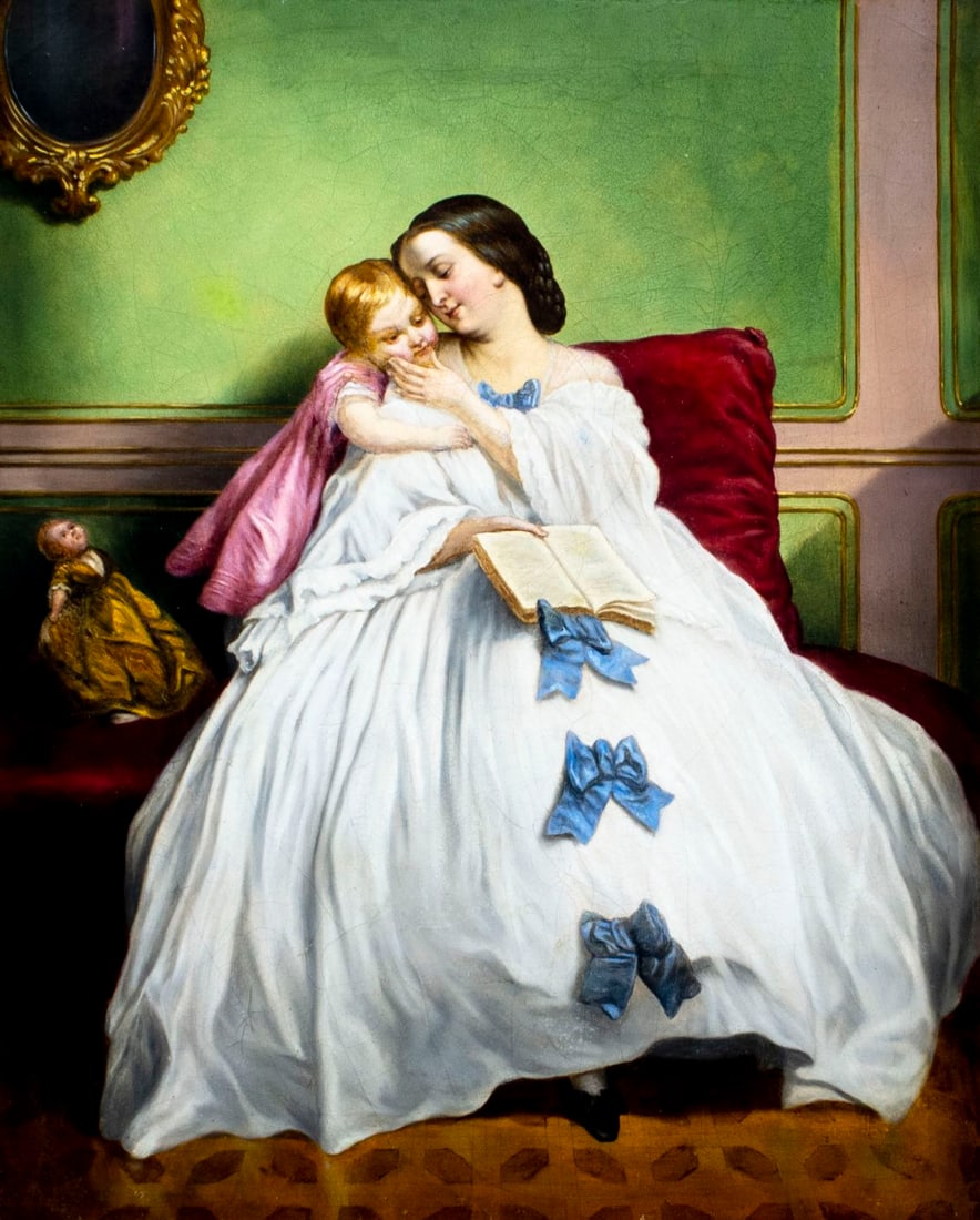 Karl Calzada (Austria,1824-?) oil painting: ARTIST: Karl von Calzada (Austrian, 1824 - ???) TITLE: Mother and Daughter MEDIUM: oil on canvas CONDITION: Relined. Some stable craquelure. Some scattered inpaintings. Some damages to frame. ART SIZE