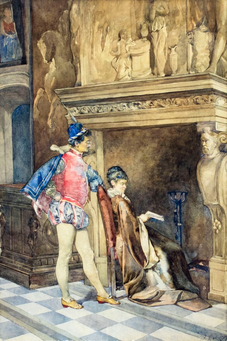 Pietro Gabrini (Italy,1856-1926) watercolor painting antique (1 of 12)