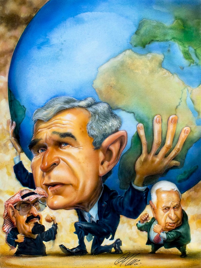 Gary Locke (MO,b 1963) watercolor painting: ARTIST: Gary Locke (Missouri, born 1963) TITLE: Bush Doctrine YEAR: circa 2001 MEDIUM: watercolor and gouache on board CONDITION: Minor damages to corners. ART SIZE: 13 x 10 inches / 33 x 25 cm BOARD 