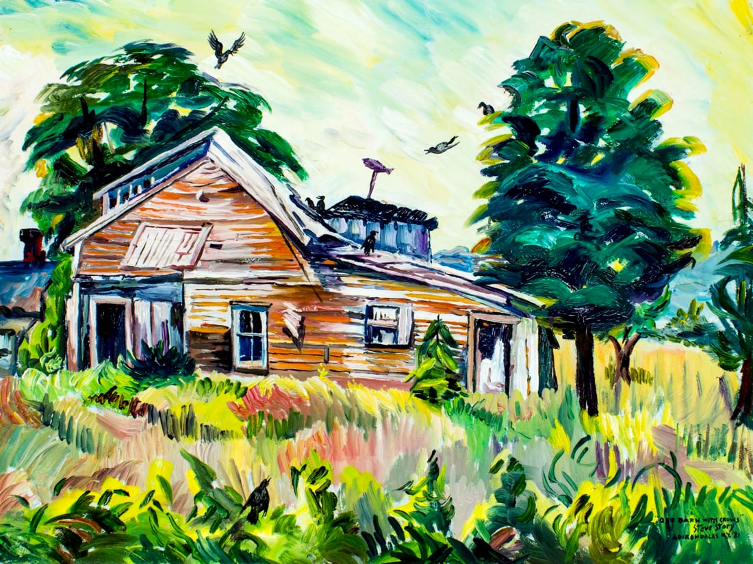 Stephen Story (NY,1915-1988) oil painting: ARTIST: Stephen Story (New York, 1915 - 1988) TITLE: Landscape - Old Barn with Crows, Adirondacks, NY (titled on verso) YEAR: 1981 MEDIUM: oil on canvas CONDITION: Very good. No visible inpaint under 