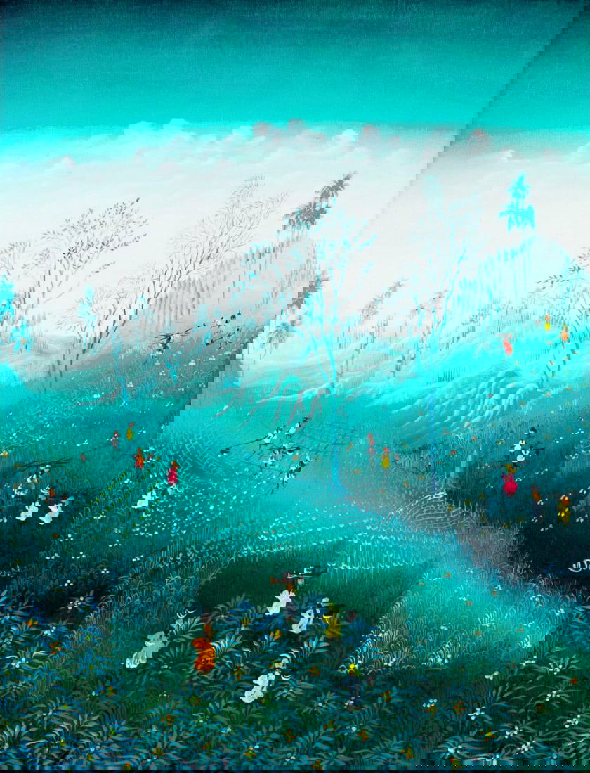 Denis Lesly (Haiti,20C) oil painting: ARTIST: Denis Lesly (Haitian, 20 century) TITLE: Haitian Landscape MEDIUM: oil on canvas CONDITION: Very good. No visible inpaint under UV light. Wear to frame. ART SIZE: 19 x 16 inches / 48 x 40 cm F