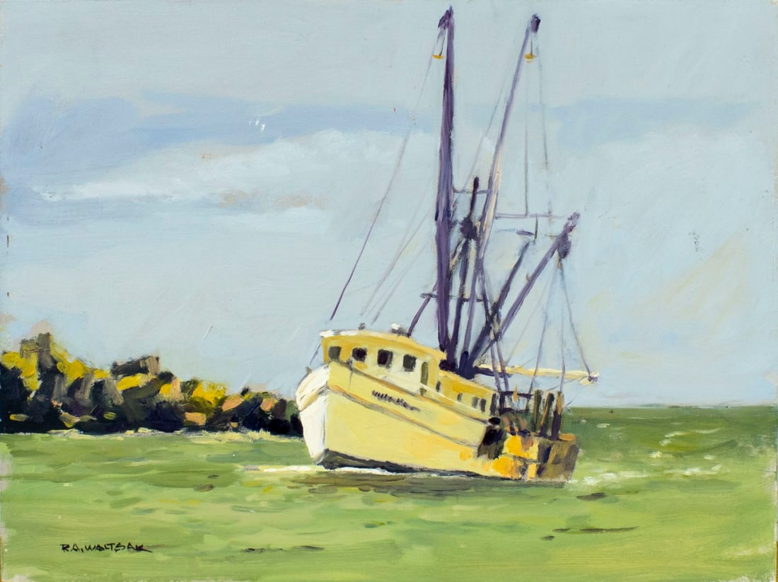 Robert Waltsak (NJ,b 1944) oil painting: ARTIST: Robert Alan Waltsak (New Jersey, born 1944) TITLE: The Drager (titled on verso) MEDIUM: oil on board CONDITION: Few minor scratches. No visible inpaint under UV light. ART SIZE: 12 x 16 inches