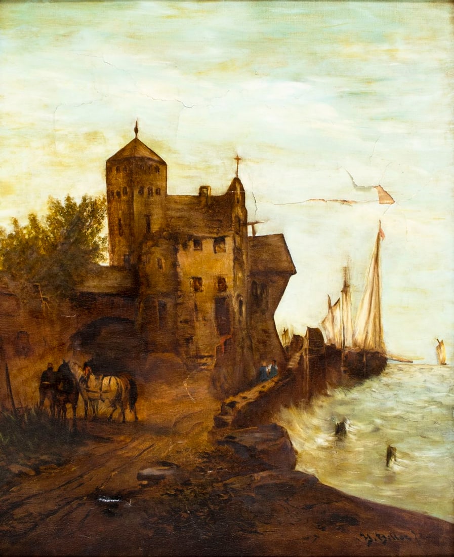Heinrich Hiller (German,1846-1912) oil painting antique: ARTIST: Heinrich Hiller (Germany, 1846 - 1912) TITLE: Coastal Cityscape YEAR: 1872 MEDIUM: oil on canvas CONDITION: Three patches. Some flaking/paint losses. Some craquelure. Some scattered inpainting