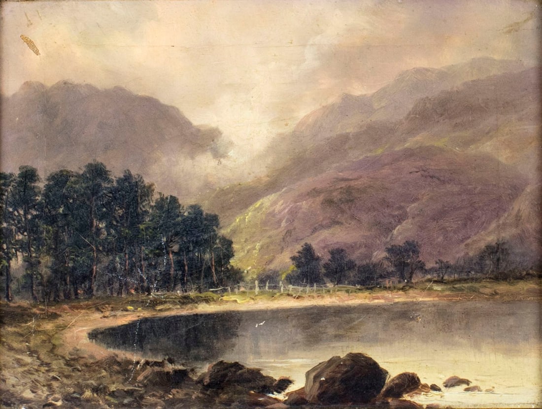 R Herd (UK,19C) oil painting antique: ARTIST: R Herd (British, 19 century) TITLE: Landscape - Head of Buttermere and Scarf Gap (titled on stretcher) MEDIUM: oil on canvas CONDITION: Few scratches/paint losses. Some craquelure. No visible 