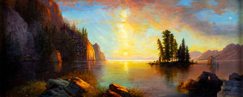 Michael McCarthy (CA,AZ,b 1951) oil painting: ARTIST: D Michael McCarthy (California, Arizona, born 1951) TITLE: Sunset Lake Landscape MEDIUM: oil on canvas board CONDITION: Some craquelure. No visible inpaint under UV light. ART SIZE: 8 x 19 inc