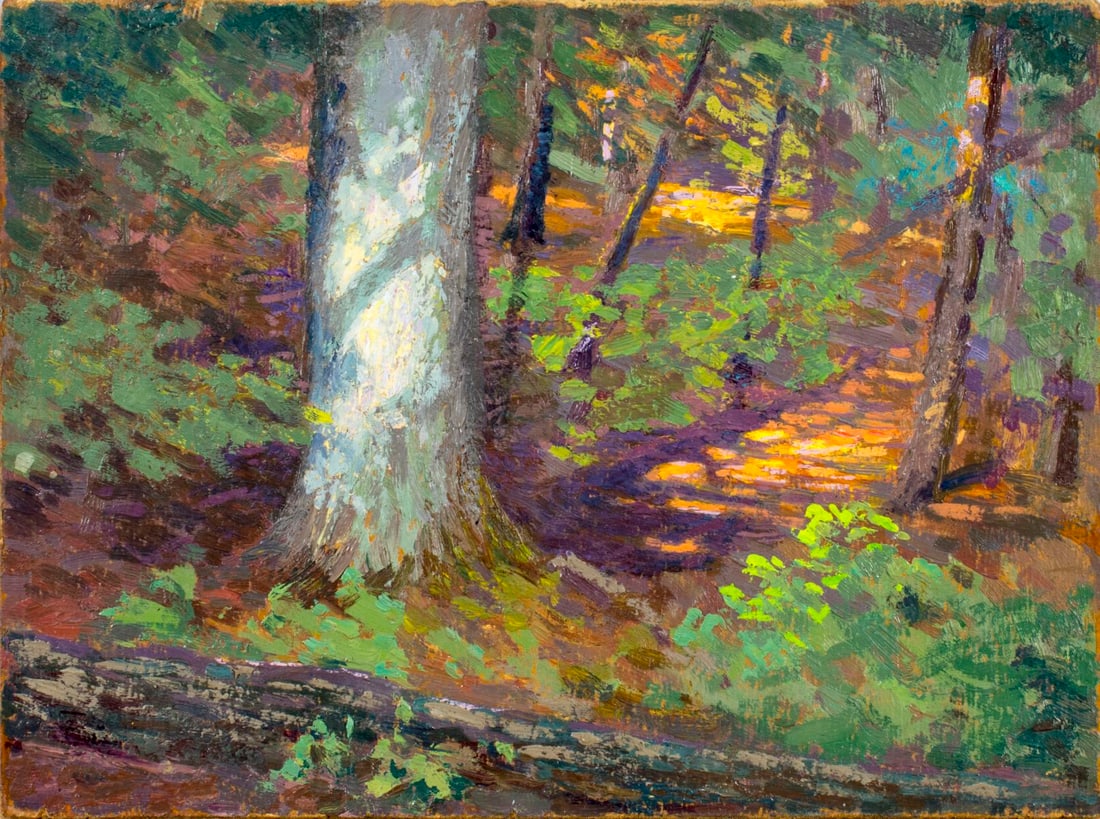 Henrik Hillblom (CT,NY,Sweden,1863-1948) oil painting: ARTIST: Henrik Hillblom (Connecticut, New York, Swedish, 1863-1948) TITLE: Forest Spring Landscape MEDIUM: oil on board CONDITION: Very good. No visible inpaint under UV light. ART SIZE: 9 x 12 inches