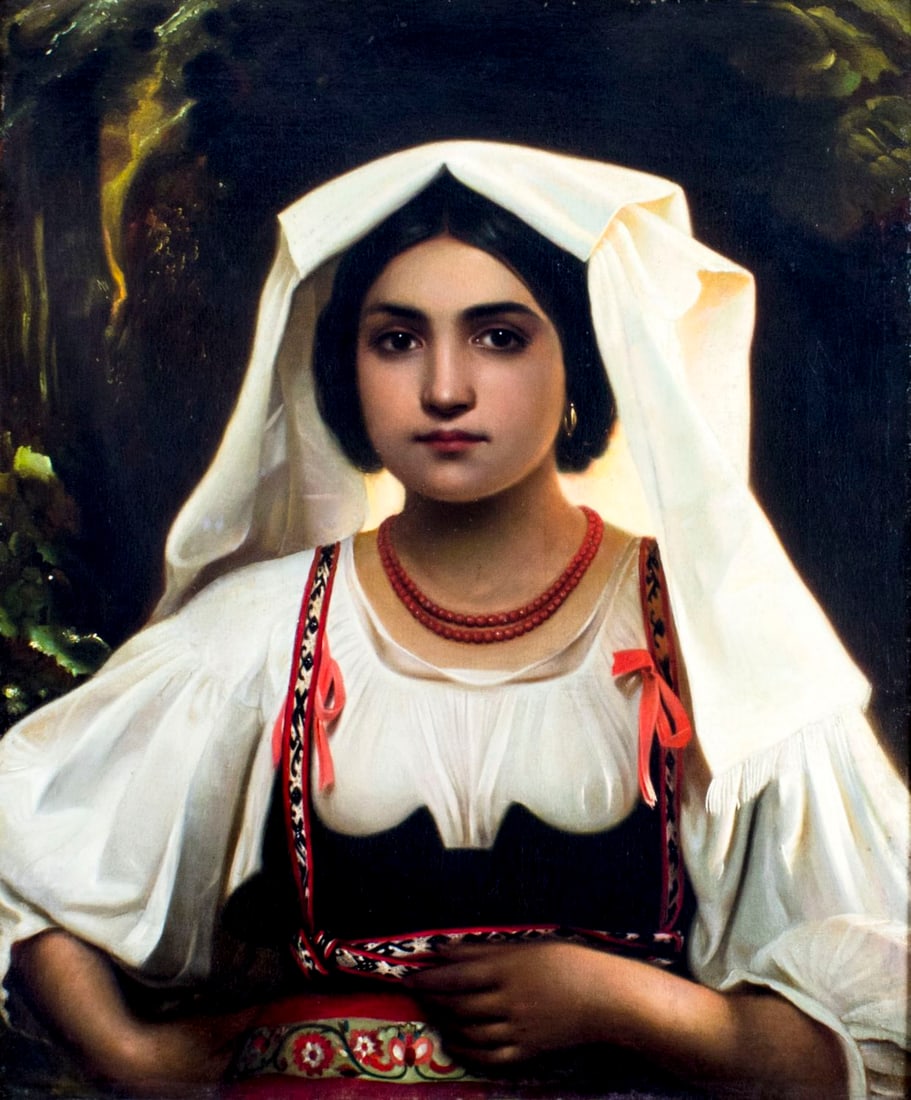 Ferdinand Minor (German,1814-1883) oil painting antique: ARTIST: Ferdinand Minor (Germany, 1814 - 1883) TITLE: Italian Woman MEDIUM: oil on canvas CONDITION: Relined. Some minor paint losses. Some stable craquelure. Few inpaintings mostly along edges. Norma