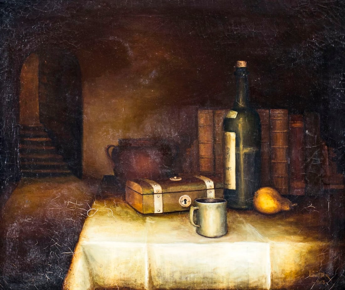 G Linister Smith (MO,IL,1938-2018) oil painting: ARTIST: Gordon Smith Linister (Missouri, Illinois, 1938 - 2018) NAME: Still Life YEAR: 1963 MEDIUM: oil on canvas CONDITION: Some craquelure. No visible inpaint under UV light. SIGHT SIZE: 20 x 24 inc