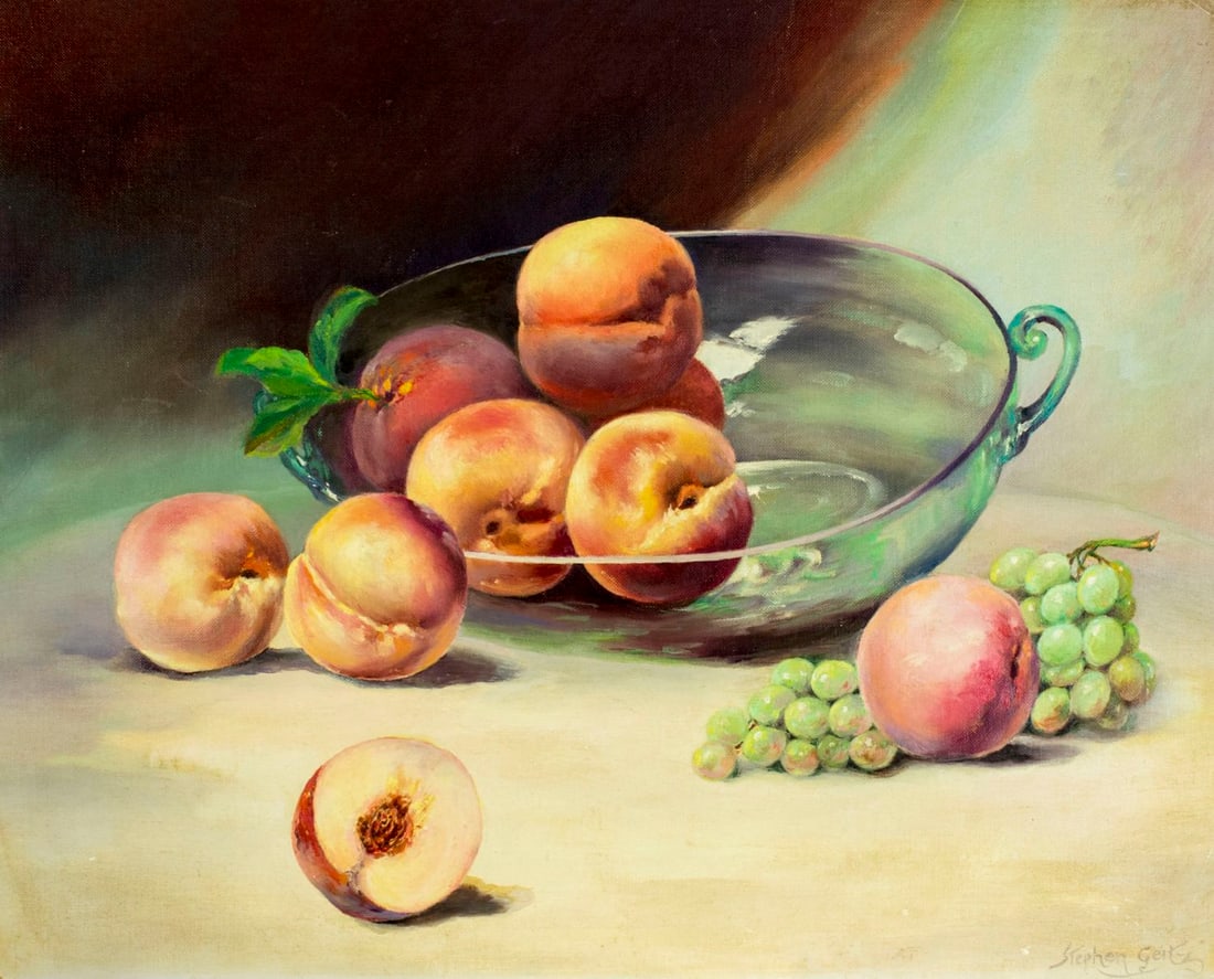Stephen A Geitz (CA,WI,1892-1972) oil painting: ARTIST: Stephen A Geitz (California, Wisconsin, 1892 - 1972) NAME: Still Life with Fruits MEDIUM: oil on canvas board CONDITION: Minor damages to corners. No visible inpaint under UV light. SIGHT SIZE