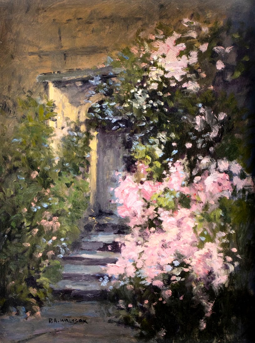 Robert Waltsak (NJ,b 1944) oil painting: ARTIST: Robert Alan Waltsak (New Jersey, born 1944) TITLE: Cityscape with Blooming Bushes MEDIUM: oil on board CONDITION: Few minor paint losses. No visible inpaint under UV light. Minor scratches to 