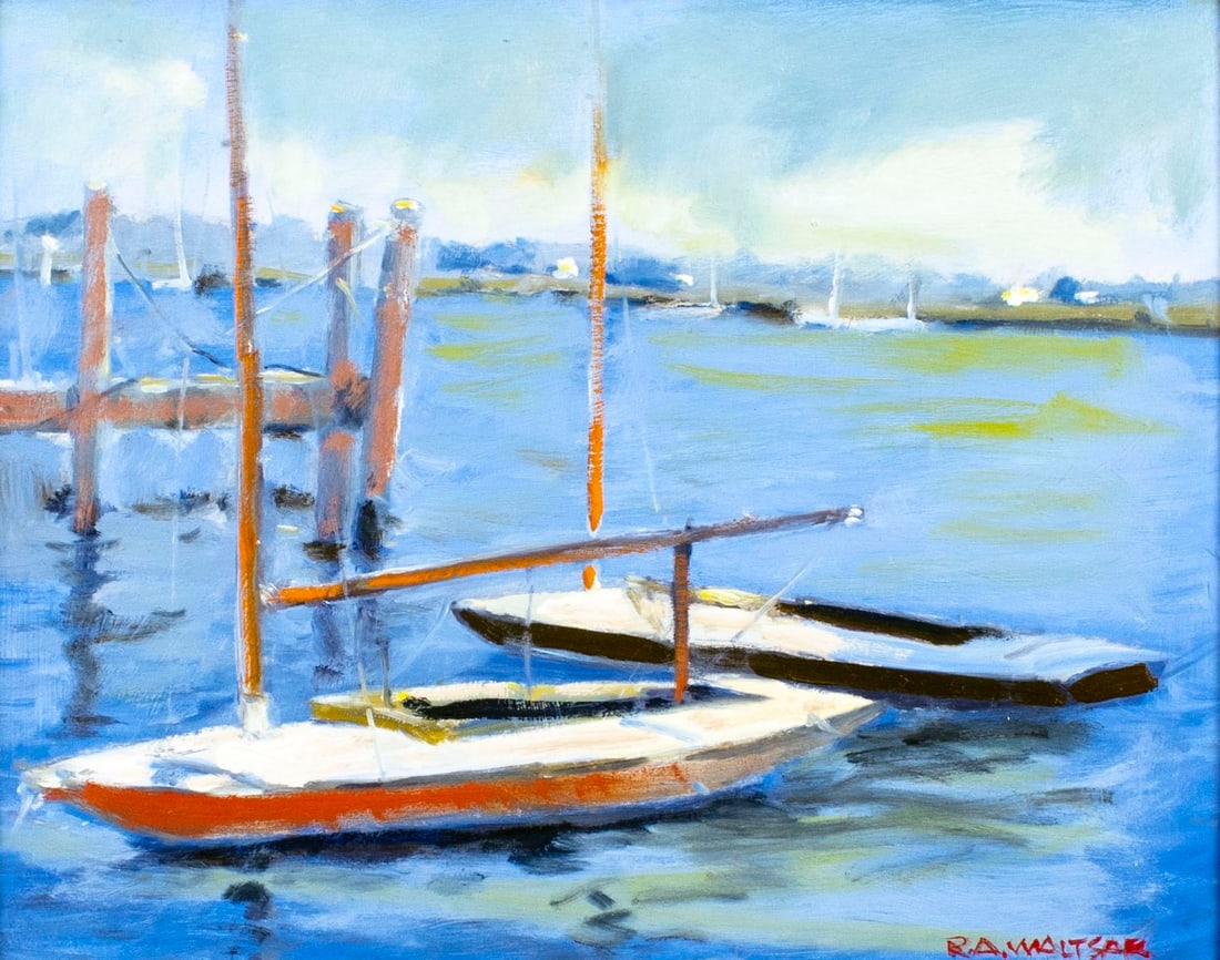 Robert Waltsak (NJ,b 1944) oil painting: ARTIST: Robert Alan Waltsak (New Jersey, born 1944) TITLE: Harbor Scene MEDIUM: oil on board CONDITION: Very good. No visible inpaint under UV light. ART SIZE: 11 x 14 inches / 27 x 35 cm FRAME SIZE: 