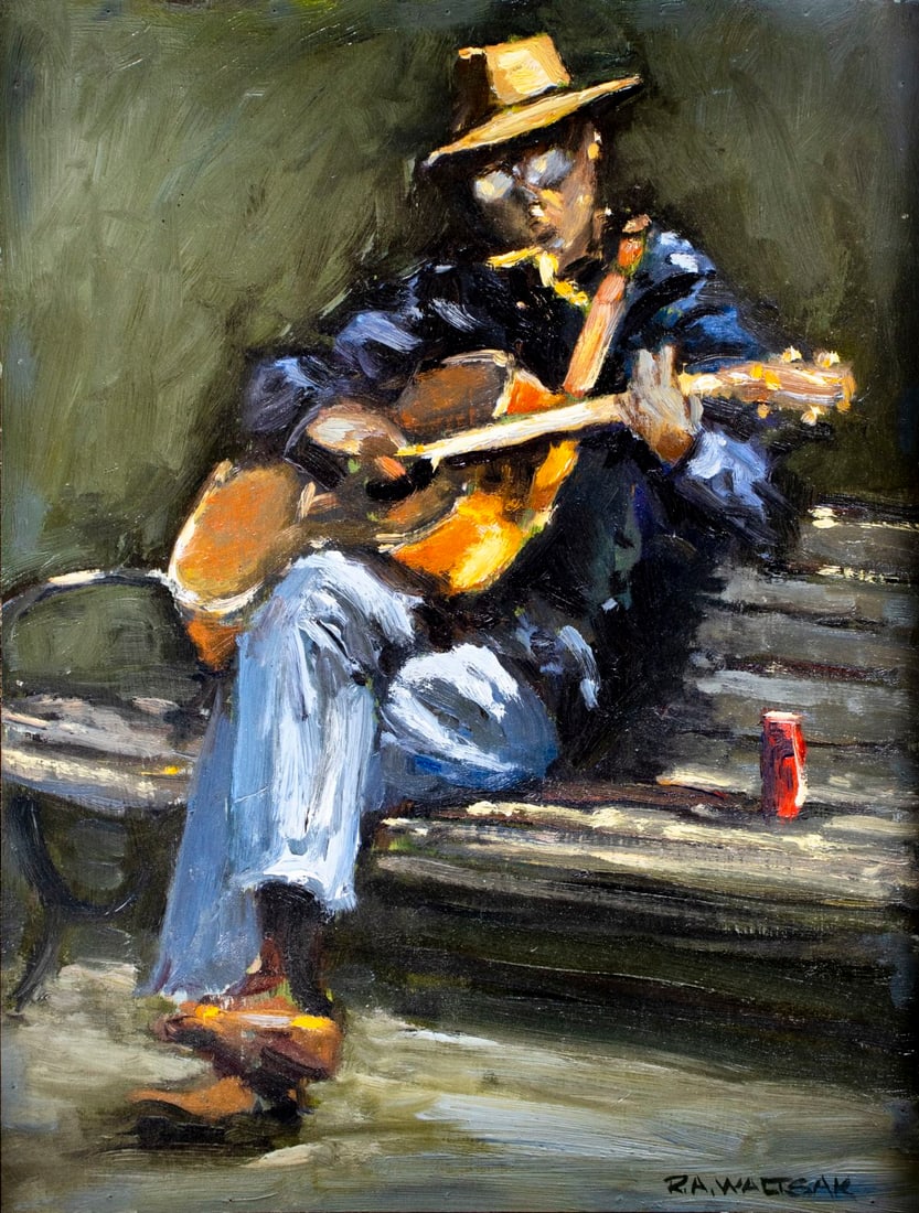 Robert Waltsak (NJ,b 1944) oil painting: ARTIST: Robert Alan Waltsak (New Jersey, born 1944) TITLE: Playing Guitar, Central Park (titled on verso) MEDIUM: oil on board CONDITION: Few minor paint losses. No visible inpaint under UV light. Min