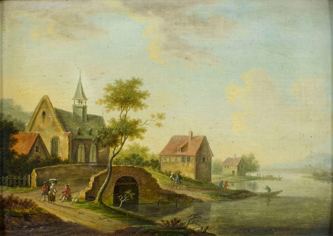 Antique 19C European oil painting: ARTIST: - (Europe, 19 century) TITLE: Riverside Village Landscape MEDIUM: oil on board CONDITION: Missing a few flakes of paint. Miinor craquelure. Some small scattered inpaintings/touch ups. Some sma