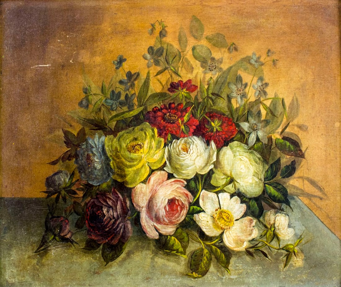 A Ziegler (Europe,19/20C) oil painting antique: ARTIST: A Ziegler (European,19/20 century) TITLE: Still Life with Flowers MEDIUM: oil on board CONDITION: Few small scratches. Minor craquelure. No visible inpaint under UV light. ART SIZE: 10 x 12 in