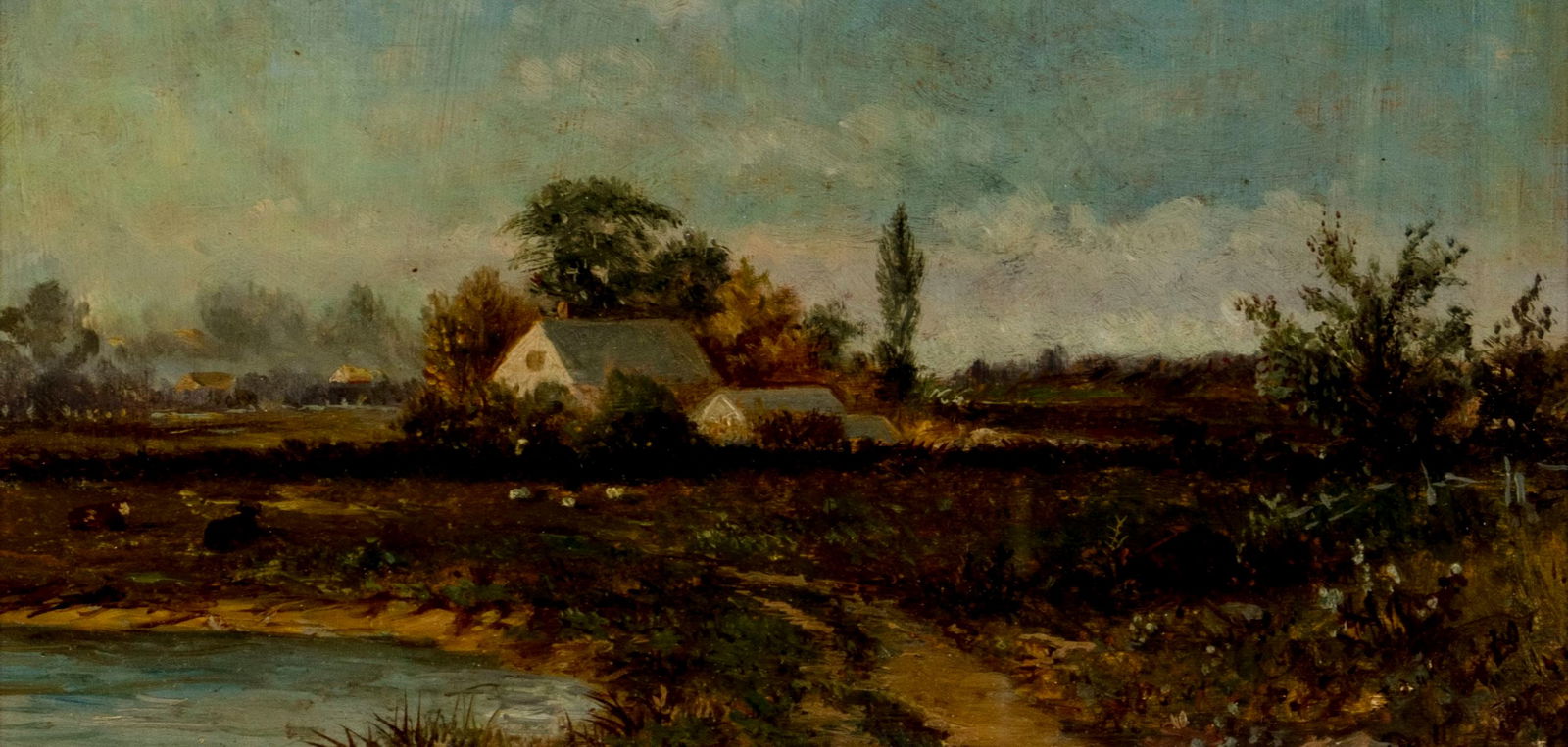 Antique 19C American oil painting: ARTIST: - (American, 19 century) TITLE: Village Landscape MEDIUM: oil on board CONDITION: Very good. Framed under the glass. ART SIZE: 6 x 11 inches / 15 x 27 cm FRAME SIZE: 11 x 17 inches / 27 x 43 c