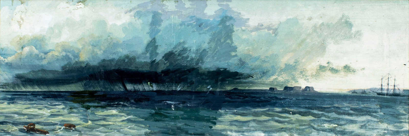 Antique early 20C American oil painting: ARTIST: - (American, early 20 century) TITLE: Approaching Storm MEDIUM: oil on canvas. Canvas applied to board. CONDITION: Minor flaking. Some paint losses (see pictures carefully). Minor craquelure. 