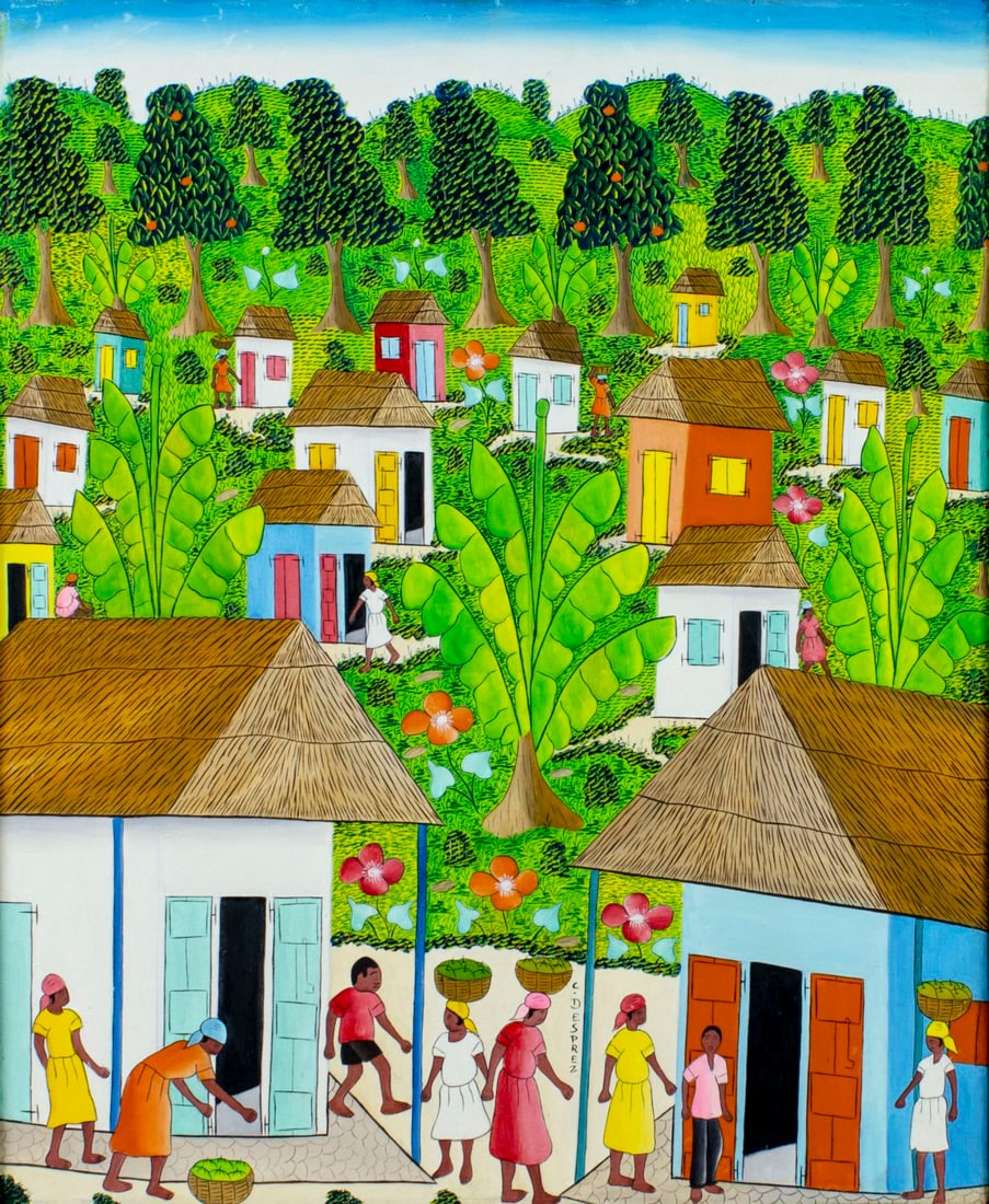 Cyrill Desprez (Haiti,20C) oil painting: ARTIST: Cyrill Desprez (Haitian, 20 century) TITLE: Haitian Village Landscape MEDIUM: oil on canvas CONDITION: Small scratches/paint losses mostly by the upper edge. No visible inpaint under UV light.