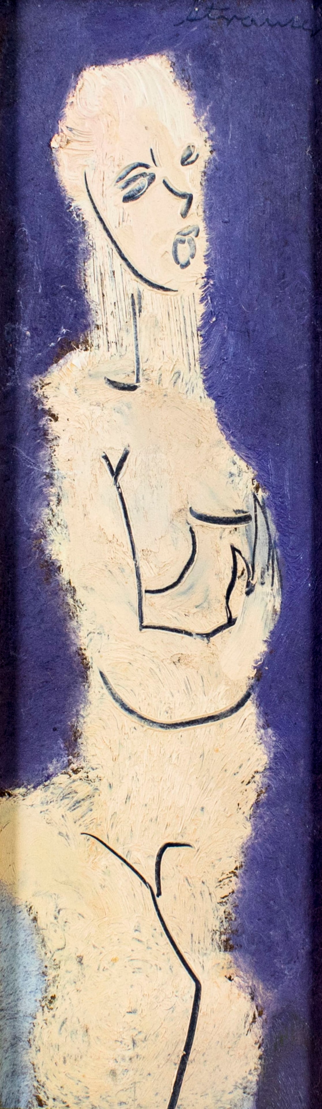 Sterling Strauser (PA,1907-1995) oil painting: ARTIST: Sterling Boyd Strauser (Pennsylvania, 1907 - 1995) TITLE: Nude MEDIUM: oil on board CONDITION: Very good. No visible inpaint under UV light. ART SIZE: 12 x 4 inches / 30 x 10 cm FRAME SIZE: 13