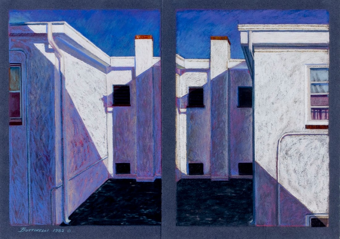 Bottinelli (Italy,20C) pastel painting: ARTIST: Bottinelli (Italian, 20 century) TITLE: Cityscape YEAR: 1982 MEDIUM: pastel on paper CONDITION: Very good. Framed under glass. ART SIZE: 17 x 24 inches / 43 x 60 cm FRAME SIZE: 25 x 31 inches 
