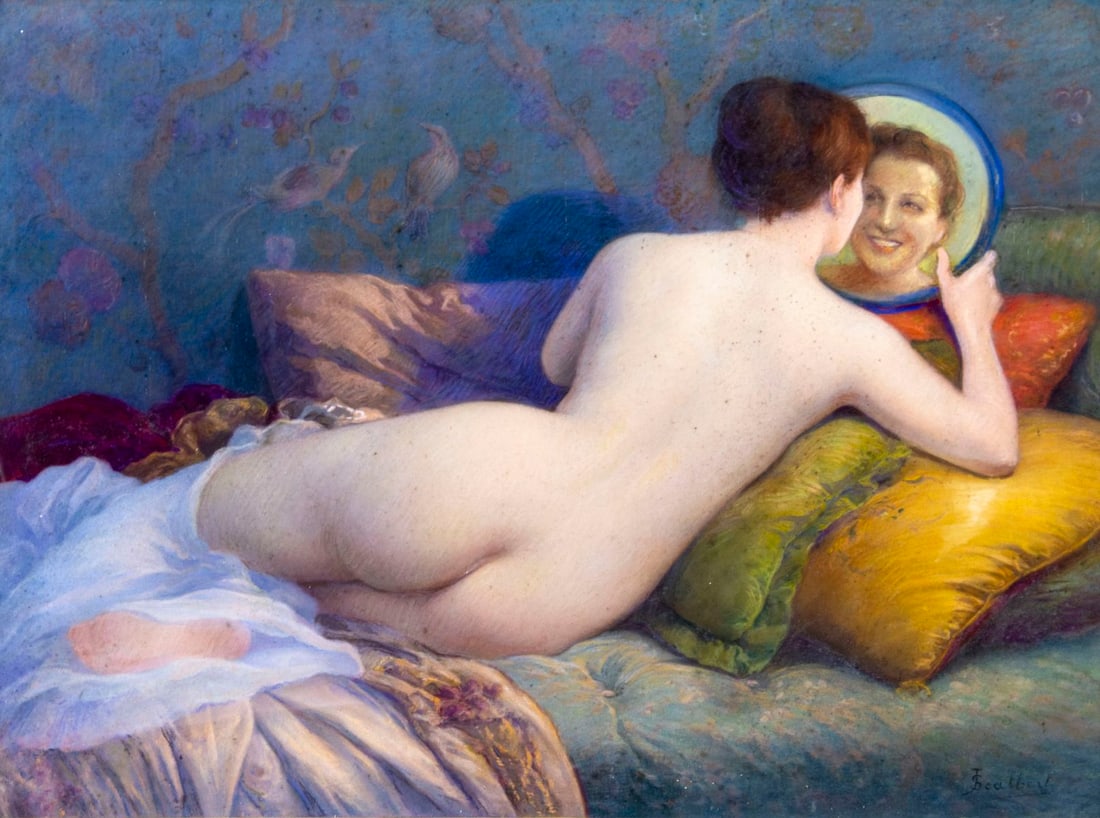 Jules Scalbert (France,1851-1928) pastel painting antique: ARTIST: Jules Scalbert (French, 1851 - 1928) TITLE: Nude with Mirror MEDIUM: pastel on heavy paper CONDITION: Some foxing. Wear to frame. ART SIZE: 21 x 29 inches / 53 x 73 cm FRAME SIZE: 27 x 35 inch