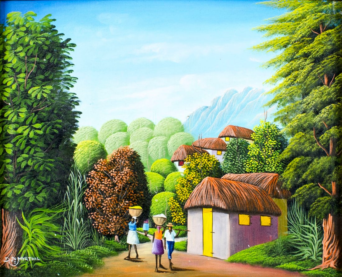 D Jean Myrthil (Haiti,20C) oil painting: ARTIST: D Jean Myrthil (Haitian, 20 century) TITLE: Haitian Village Landscape MEDIUM: oil on canvas CONDITION: Missing a few flakes of paint. Minor craquelure. No visible inpaint under UV light. Wear 