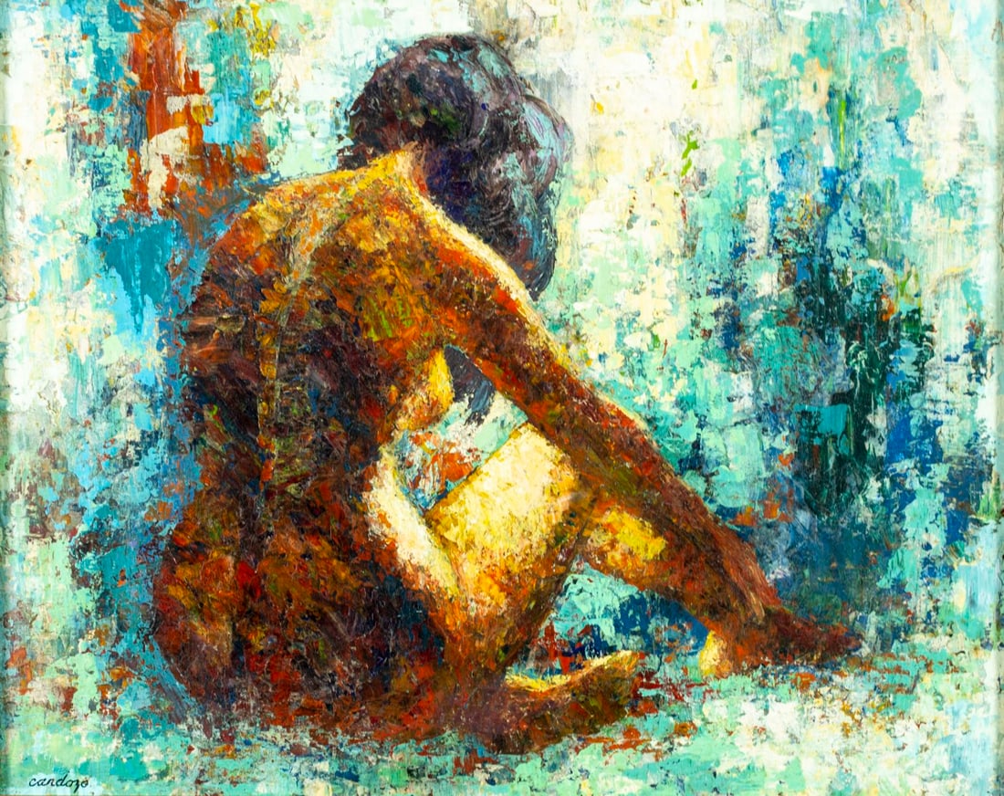 Frank Nicholas (NY,PA,1922-2003) oil painting: ARTIST: Frank Cardozo Nicholas (New York, Pennsylvania, 1922 - 2003) TITLE: Nude - Quiet Times (titled on label) MEDIUM: oil on board CONDITION: Missing a few flakes of paint. One small faint scratch.
