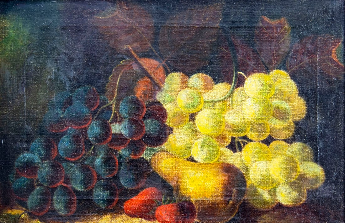 Antique 19C American oil painting: ARTIST: - (American, 19 century) TITLE: Still Life with Grapes MEDIUM: oil on canvas CONDITION: Missing a few flakes of paint. Minor craquelure. Some small scattered inpaintings. Some damages to frame