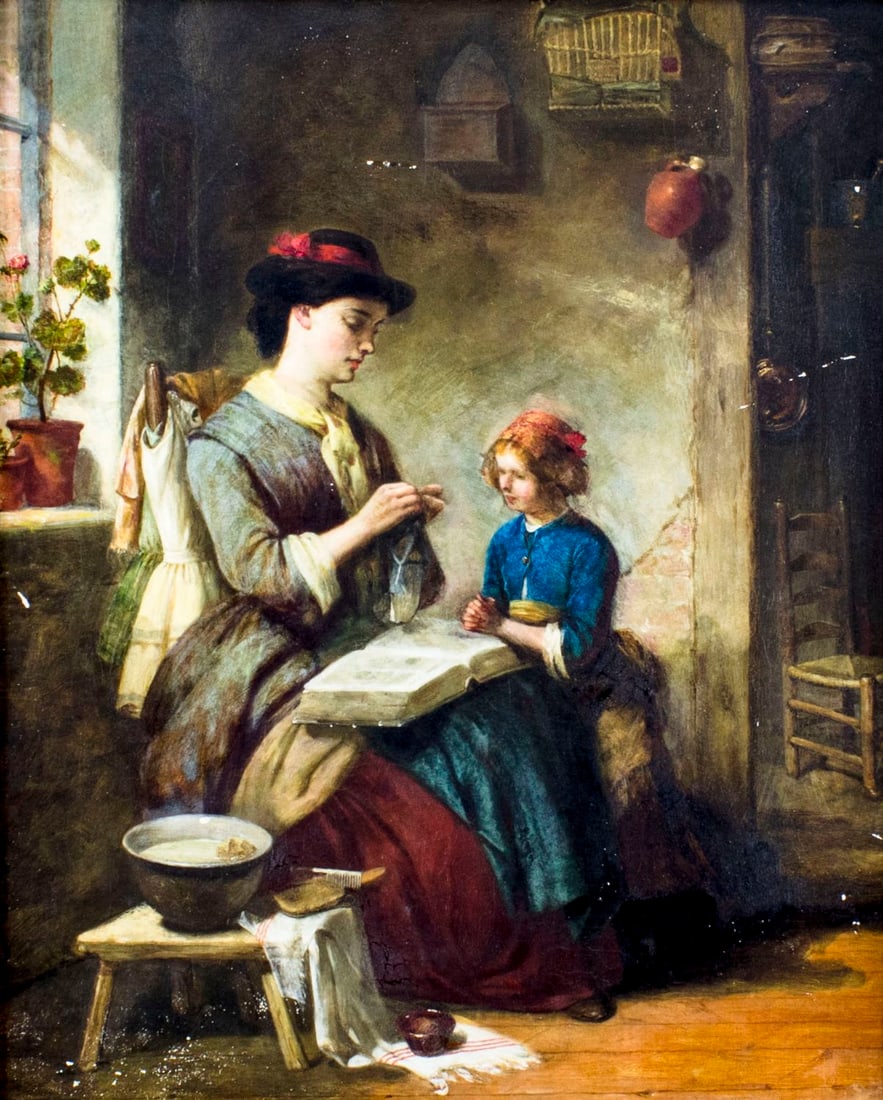 Antique 19C British oil painting: ARTIST: - (British, 19 century) NAME: Mother and Daughter MEDIUM: oil on canvas CONDITION: Relined. Restretched. Some scratches/paint losses. Some craquelure. No visible inpaint under UV light. Minor 