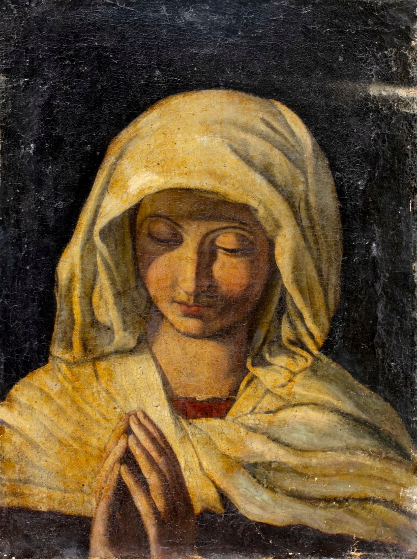 Antique 19C Spanish oil painting: ARTIST: - (Spain, 19 century) TITLE: Praying Woman MEDIUM: oil on canvas CONDITION: Relined. Some paint losses mostly along edges. Some craquelure. No visible inpaint under UV light. ART SIZE: 22 x 17