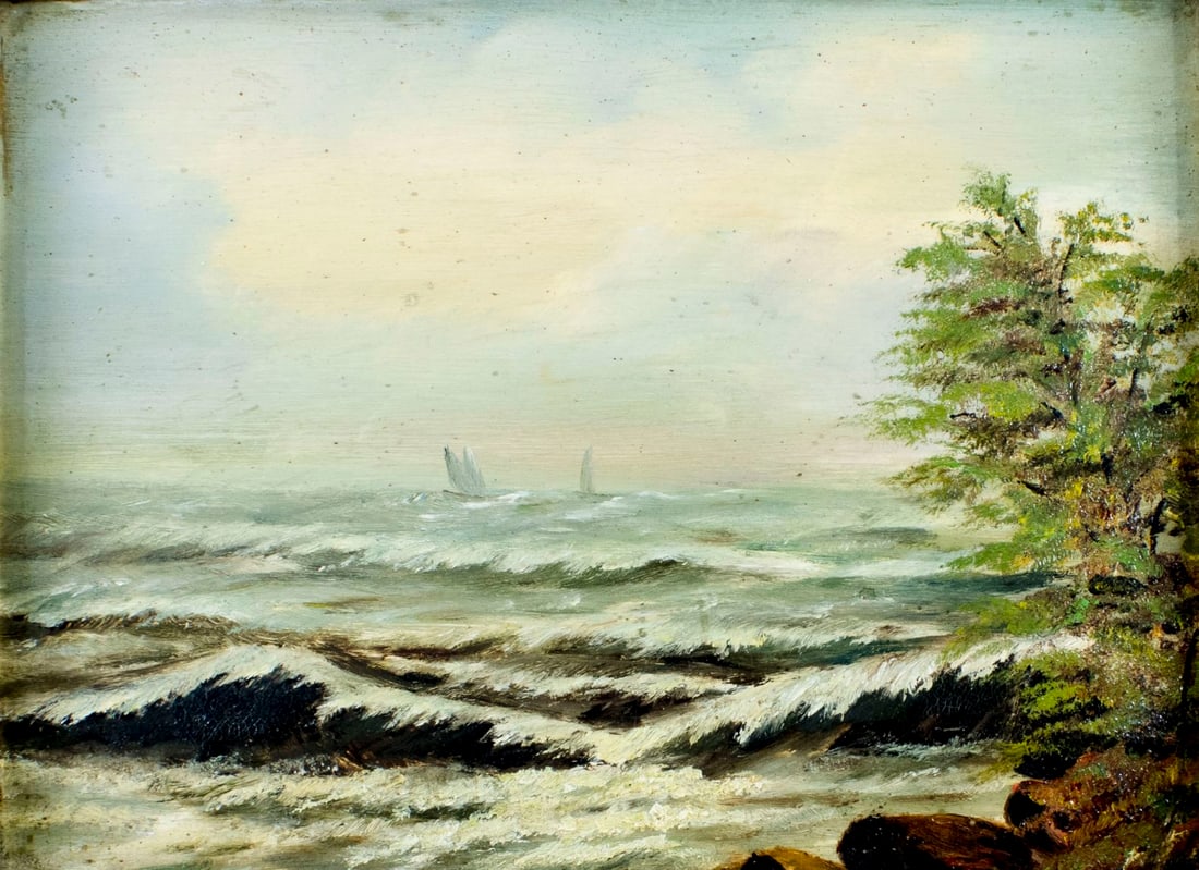Antique 19C American oil painting: ARTIST: - (American, 19 century) TITLE: Seascape YEAR: circa 1900 MEDIUM: oil on board CONDITION: Missing a few flakes of paint. Some small dark spots. Very minor craquelure. No visible inpaint under 