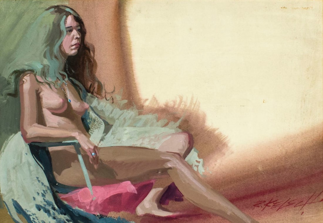 Robert Kelsch (CA,1938-2016) oil painting: ARTIST: Robert Bob Kelsch (California, 1938 - 2016) NAME: Reclining Nude MEDIUM: oil and watercolor on paper CONDITION: Minor age toning. Framed under the glass. SIGHT SIZE: 15 x 22 inches / 38 x 55 c