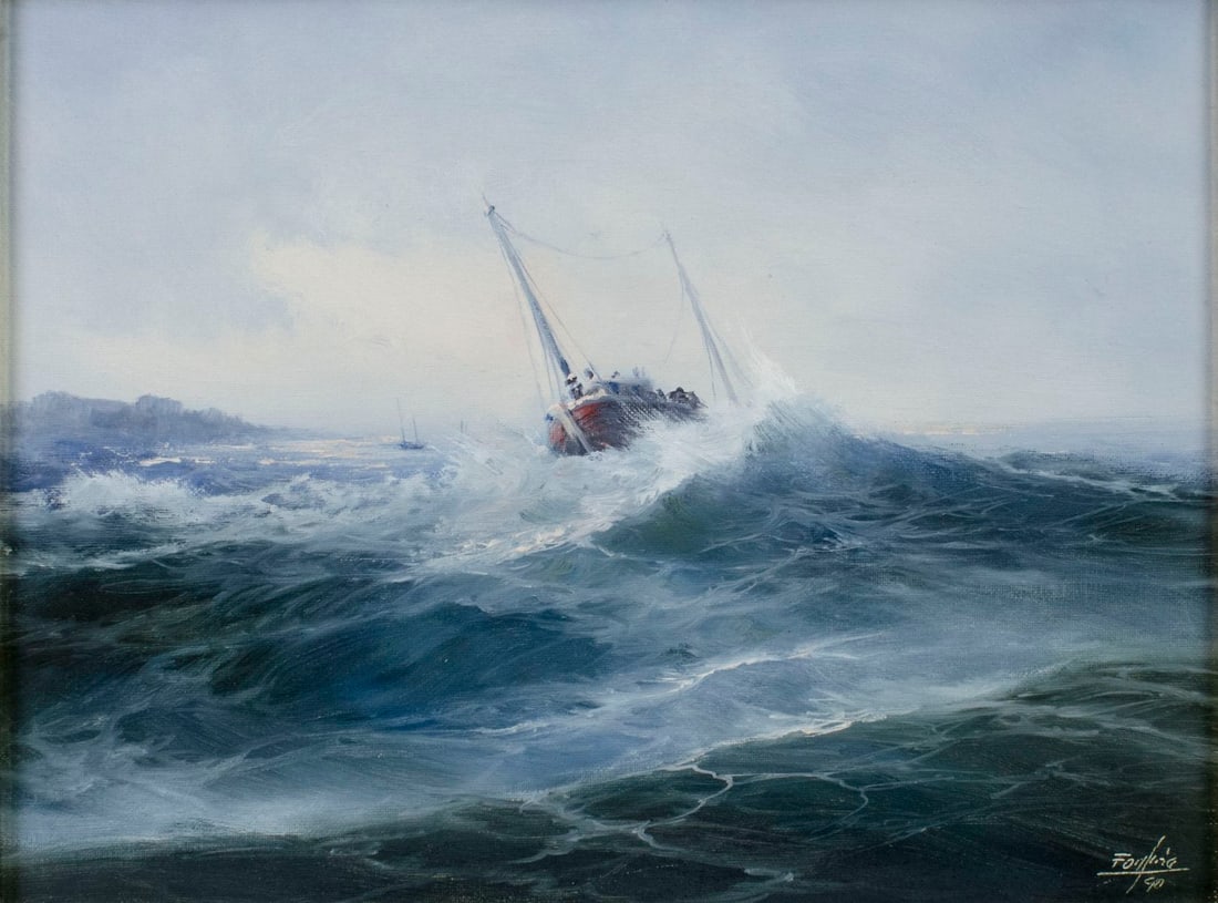 Jose Manuel Fonfria (Spain,1939-2020) oil painting: ARTIST: Jose Manuel Fonfria (Spanish, 1939 - 2020) TITLE: Stormy Seascape with Ship YEAR: 1990 MEDIUM: oil on canvas CONDITION: Very good. No visible inpaint under UV light. ART SIZE: 12 x 16 inches /
