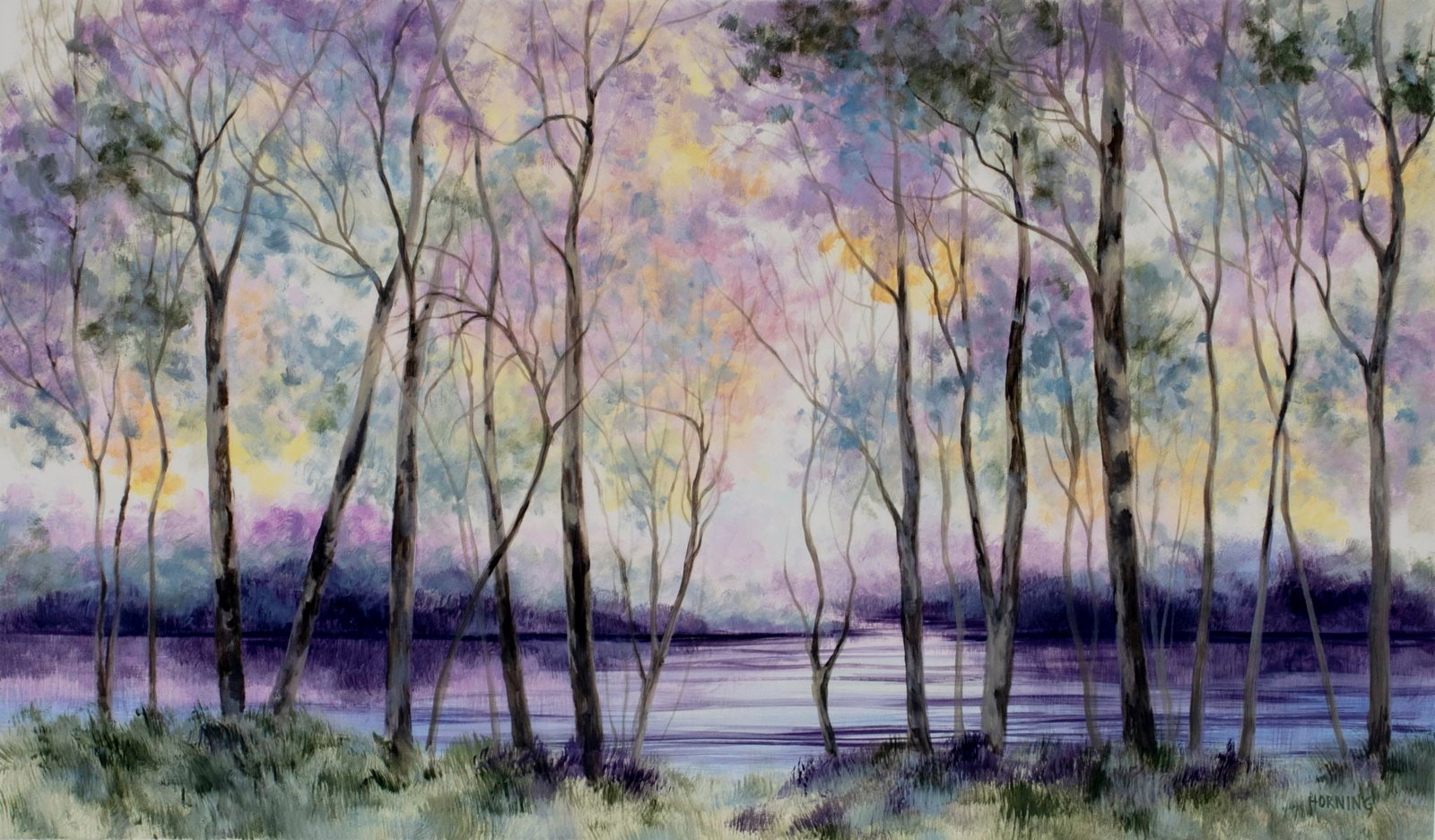 Elizabeth Horning (AZ,NH,MA,b 1943) watercolor painting: ARTIST: Elizabeth J Horning (Arizona, New Hampshire, Massachusetts, born 1943) TITLE: Autumn Bank MEDIUM: watercolor on paper CONDITION: Small tear by the lower right corner. ART SIZE: 21 x 34 inches 