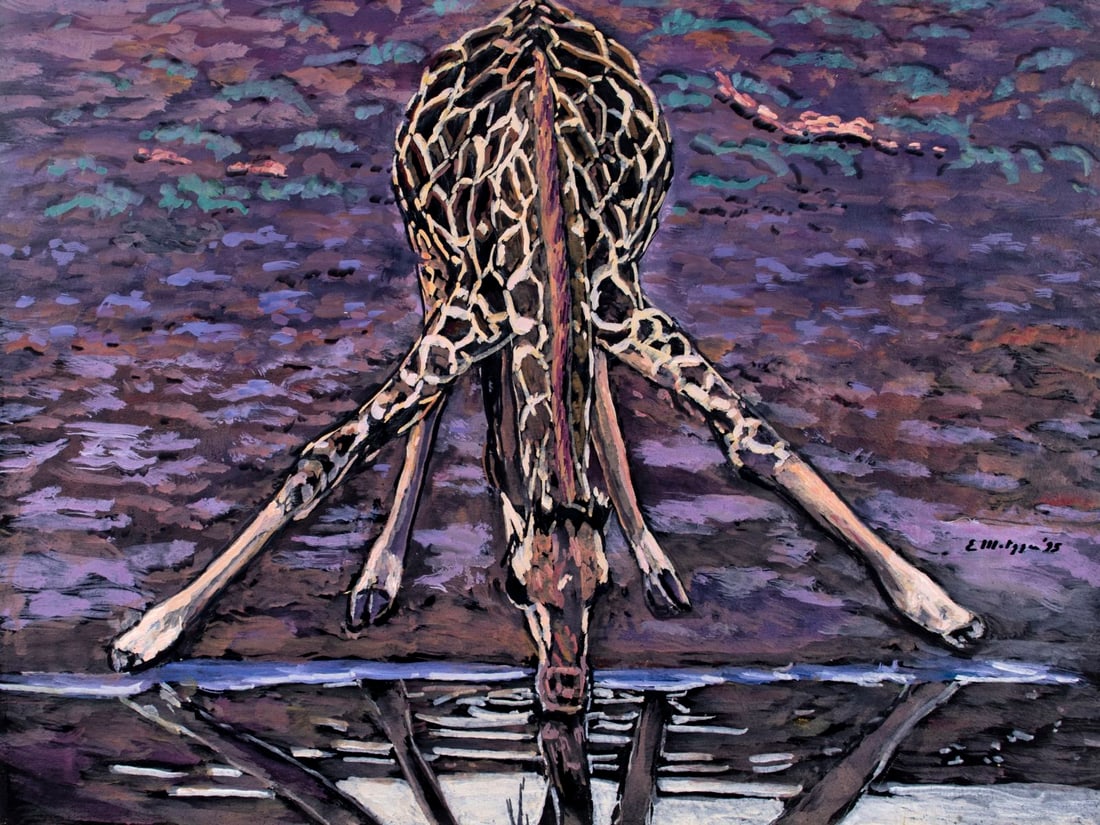 Evelyn Metzger (NY,Brazil,1911-2007) oil painting: ARTIST: Evelyn Borchard Metzger (New York, Brazilian, 1911 - 2007) TITLE: Thirsty Giraffe (titled on verso) YEAR: 1995 MEDIUM: oil on board CONDITION: Few minor paint losses. No visible inpaint under 