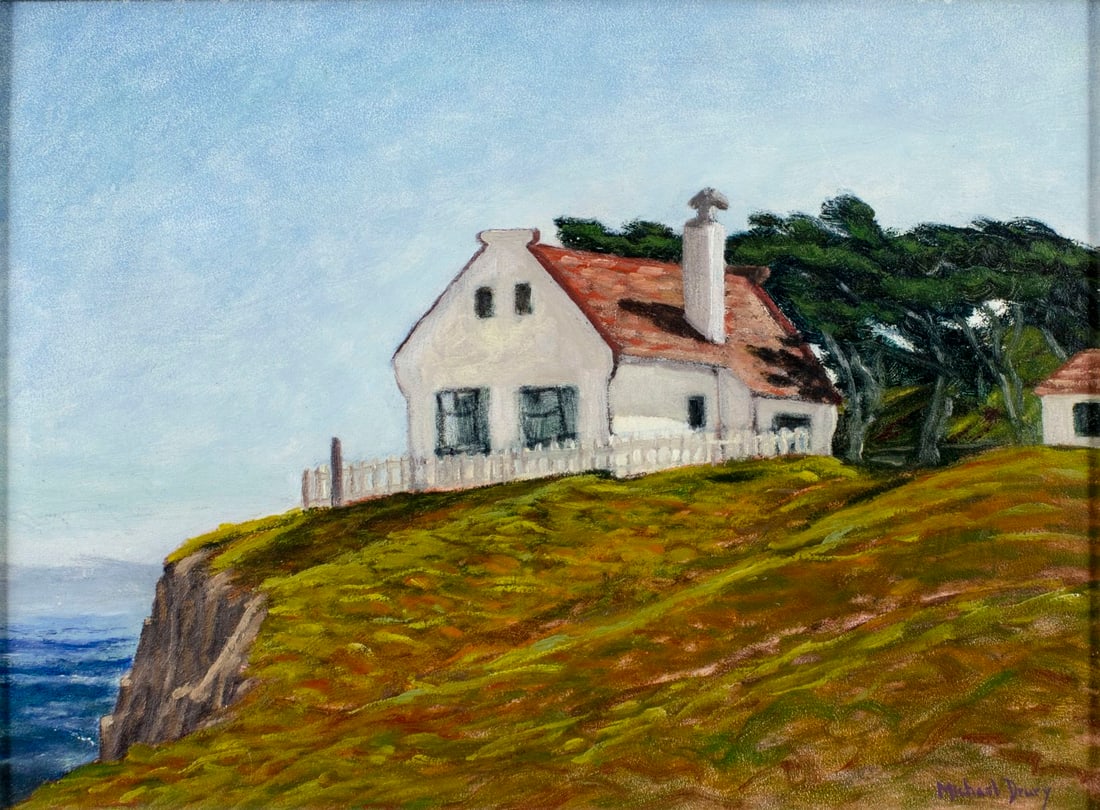 Michael Drury (CA,1945-?) oil painting: ARTIST: Michael Drury (California, 1945 - ???) TITLE: Coastal Landscape with House MEDIUM: oil on board CONDITION: Few very minor paint losses by the lower left corner. One small scratch in the upper 