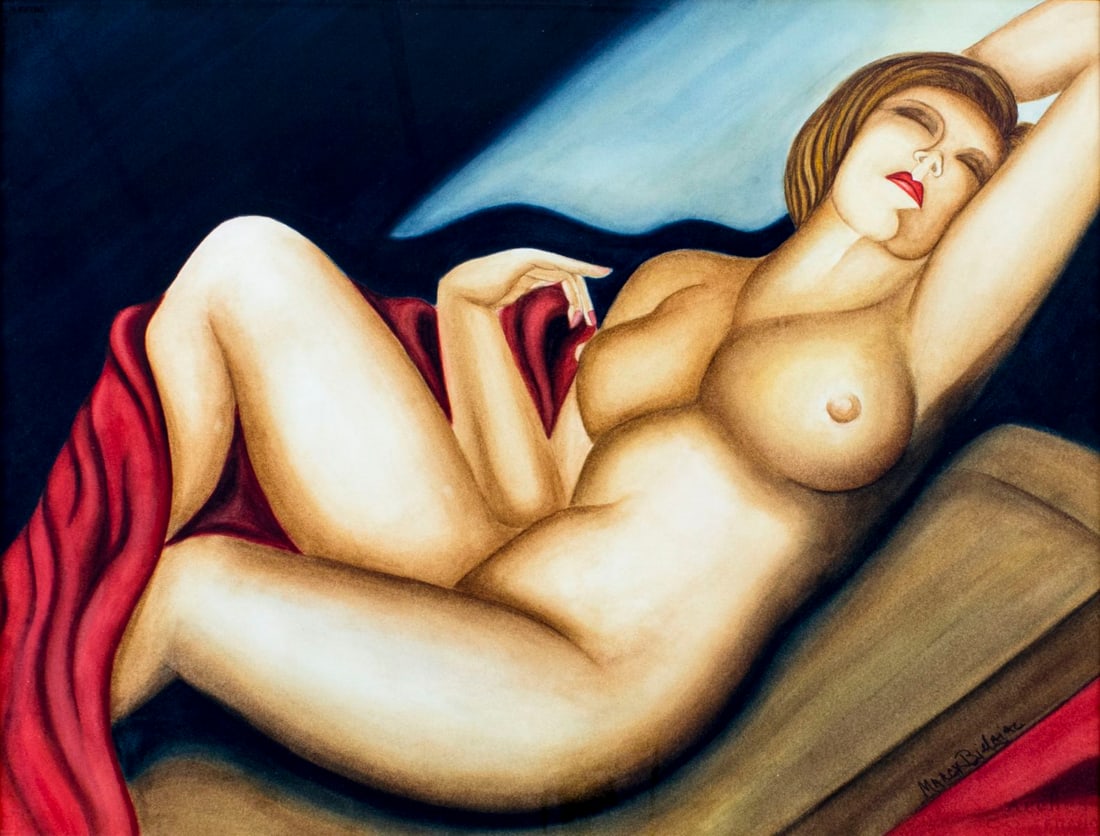 Vintage 20C American mixed media painting signed: ARTIST: - (American, 20 century) TITLE: Reclining Nude MEDIUM: mixed media on paper CONDITION: Very good. Framed under glass. ART SIZE: 22 x 29 inches / 55 x 73 cm FRAME SIZE: 27 x 34 inches / 68 x 86