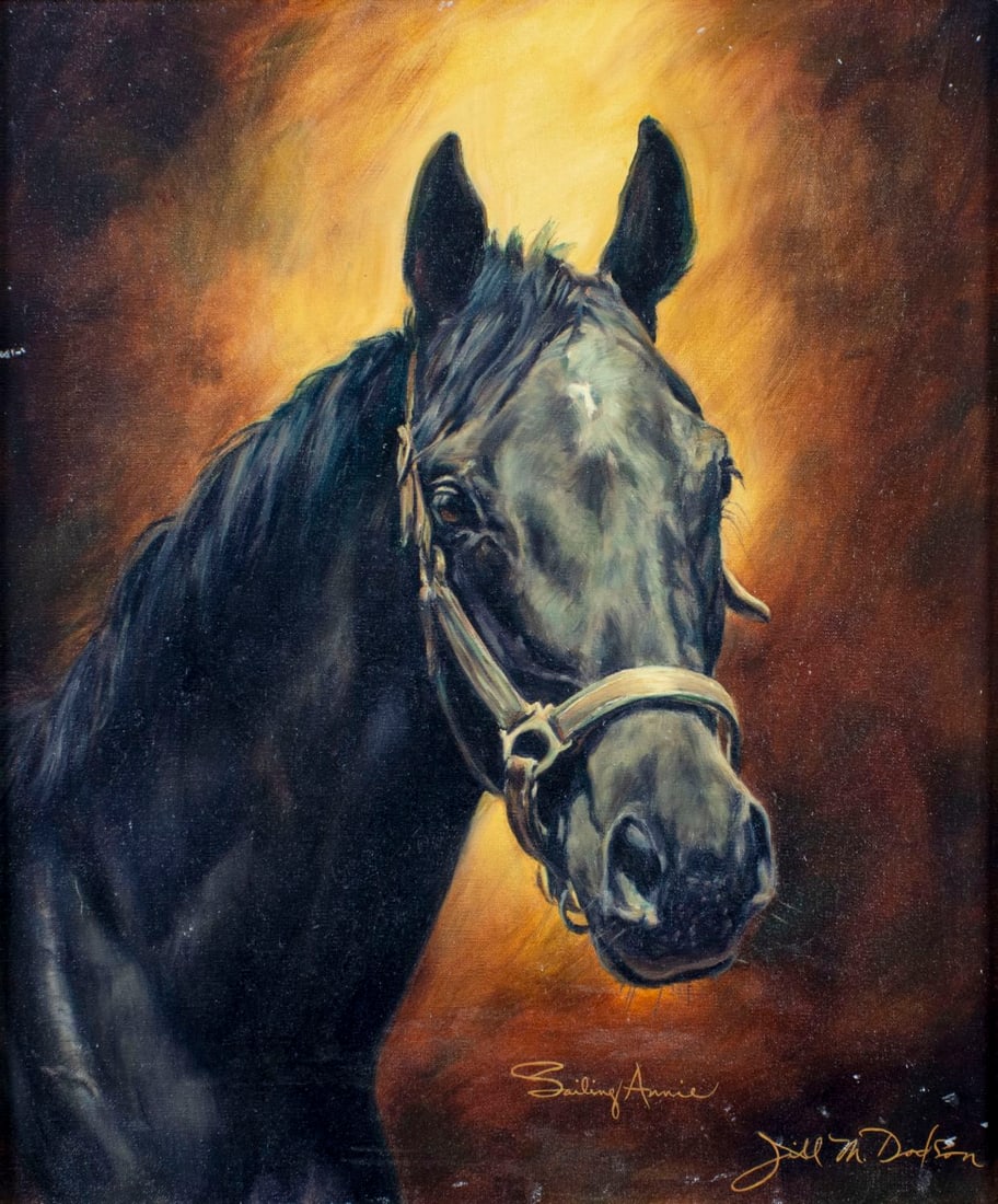 Jill M Dodson (MD,b 1955) oil painting: ARTIST: Jill M Dodson (Maryland, born 1955) TITLE: Horse - Sailing Annie, Head Portrait (titled on label) YEAR: 1981 MEDIUM: oil on canvas CONDITION: Few white spots along edges. No visible inpaint un