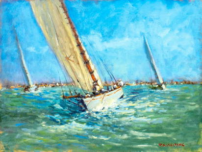 Robert Waltsak (NJ,b 1944) oil painting: ARTIST: Robert Alan Waltsak (New Jersey, born 1944) TITLE: Seascape with Sailing Yachts MEDIUM: oil on canvas board CONDITION: Very good. No visible inpaint under UV light. ART SIZE: 18 x 24 inches /