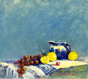 Robert Waltsak (NJ,b 1944) oil painting: ARTIST: Robert Alan Waltsak (New Jersey, born 1944) TITLE: Still Life with Fruit and Jug MEDIUM: oil on board CONDITION: Some paint losses mostly by the upper edge. No visible inpaint under UV light.