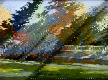 Robert Waltsak (NJ,b 1944) oil painting: ARTIST: Robert Alan Waltsak (New Jersey, born 1944) TITLE: Autumn Landscape MEDIUM: oil on board CONDITION: Few minor scratches. No visible inpaint under UV light. Wear to frame. ART SIZE: 12 x 16