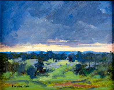 Robert Waltsak (NJ,b 1944) oil painting: ARTIST: Robert Alan Waltsak (New Jersey, born 1944) TITLE: Sunset Landscape MEDIUM: oil on canvas board CONDITION: Very good. No visible inpaint under UV light. ART SIZE: 9 x 12 inches / 22 x 30 cm FR