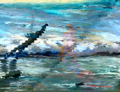 Robert Waltsak (NJ,b 1944) oil painting: ARTIST: Robert Alan Waltsak (New Jersey, born 1944) TITLE: The Fisherman (titled on verso) YEAR: 2018 MEDIUM: oil on board CONDITION: Very good. No visible inpaint under UV light. ART SIZE: 14 x 18