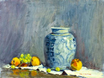 Robert Waltsak (NJ,b 1944) oil painting: ARTIST: Robert Alan Waltsak (New Jersey, born 1944) TITLE: Still Life with Vase and Fruit MEDIUM: oil on board CONDITION: Few minor scratches/paint losses. No visible inpaint under UV light. ART