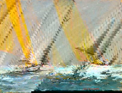 Robert Waltsak (NJ,b 1944) oil painting: ARTIST: Robert Alan Waltsak (New Jersey, born 1944) TITLE: Seascape with Sailing Yachts MEDIUM: oil on canvas board CONDITION: Very good. No visible inpaint under UV light. ART SIZE: 17 x 22 inches /