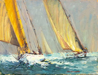 Robert Waltsak (NJ,b 1944) oil painting: ARTIST: Robert Alan Waltsak (New Jersey, born 1944) TITLE: Seascape with Sailing Yachts MEDIUM: oil on canvas board CONDITION: Very good. No visible inpaint under UV light. ART SIZE: 17 x 22 inches /