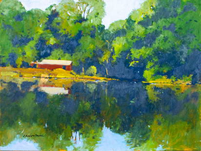 Robert Waltsak (NJ,b 1944) oil painting: ARTIST: Robert Alan Waltsak (New Jersey, born 1944) TITLE: Landscape - Red Reflection (titled on verso) MEDIUM: oil on board CONDITION: Few minor scratches/paint losses mostly by the right edge. No