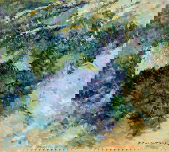 Robert Waltsak (NJ,b 1944) oil painting: ARTIST: Robert Alan Waltsak (New Jersey, born 1944) TITLE: Bunch of Grapes MEDIUM: oil on board CONDITION: Few very minor paint losses. No visible inpaint under UV light. ART SIZE: 18 x 20 inches /
