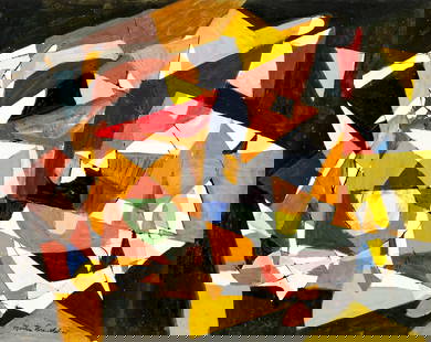 Martin Rosenthal (NY,MA,1899-1974) oil painting: ARTIST: Martin Rosenthal (New York, Massachusetts, 1899 - 1974) TITLE: Abstract Composition YEAR: 1965 MEDIUM: oil on paper CONDITION: Minor damage to lower right corner. No visible inpaint under