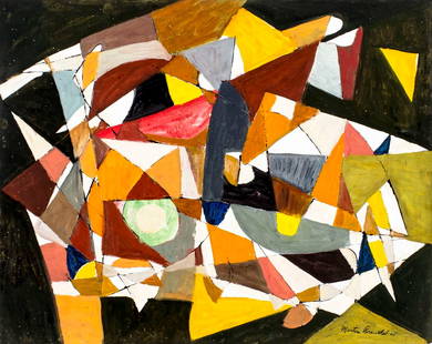 Martin Rosenthal (NY,MA,1899-1974) oil painting: ARTIST: Martin Rosenthal (New York, Massachusetts, 1899 - 1974) TITLE: Abstract Composition YEAR: 1965 MEDIUM: oil on paper CONDITION: Minor damage to lower right corner. No visible inpaint under