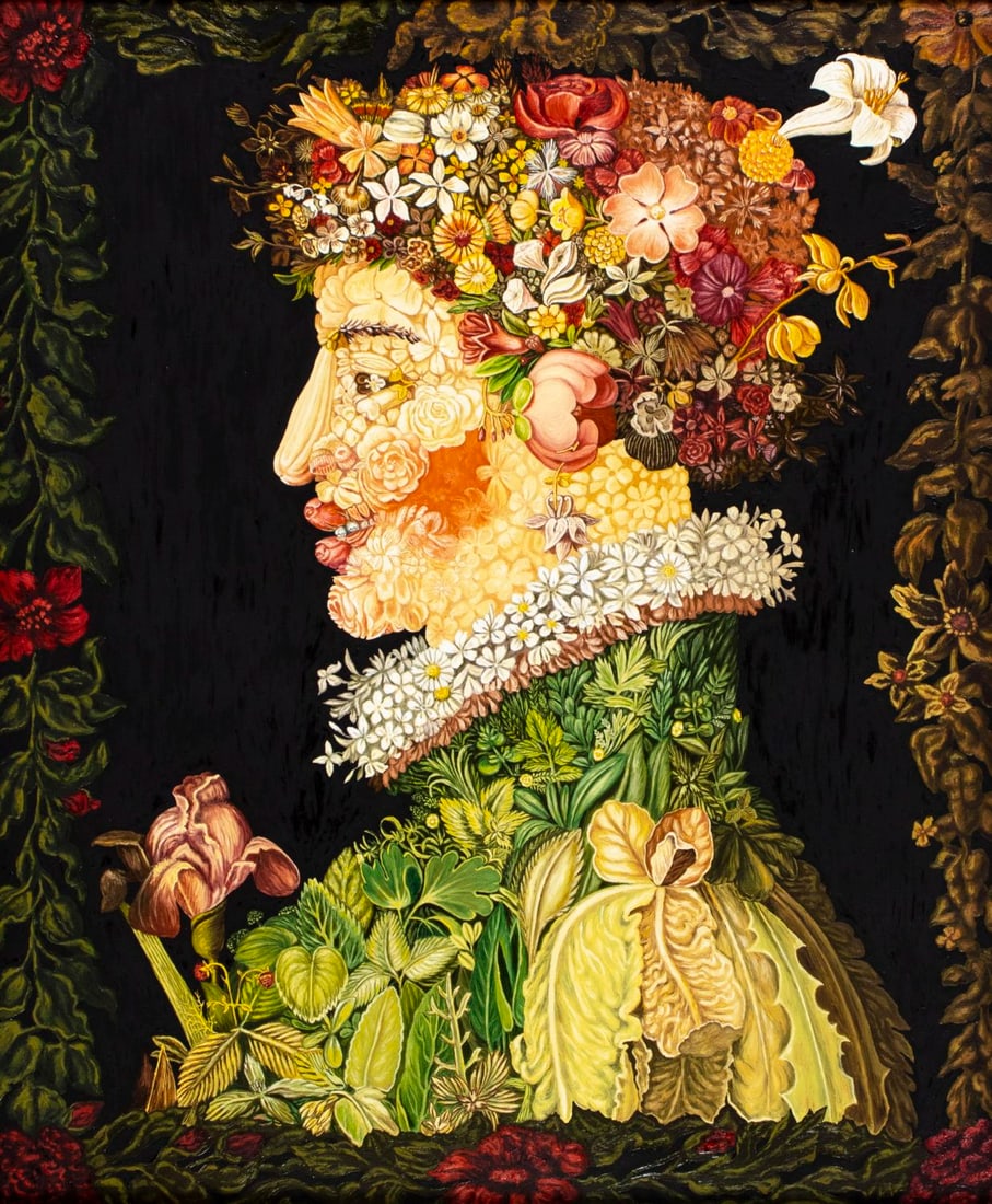 AFTER Giuseppe Arcimboldo (Italy,1527-1593) oil painting: ARTIST: AFTER Giuseppe Arcimboldo (Italian, 1527 - 1593) TITLE: Portrait of Woman YEAR: 2001 MEDIUM: oil on canvas CONDITION: Overall good. No visible inpaint under UV light. ART SIZE: 25 x 21 inches
